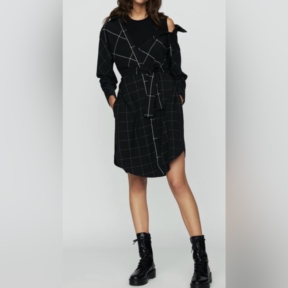 MAJE Razak Women's Small Long Sleeve Asymmetric Plaid Belted Shirt Dress Mini
